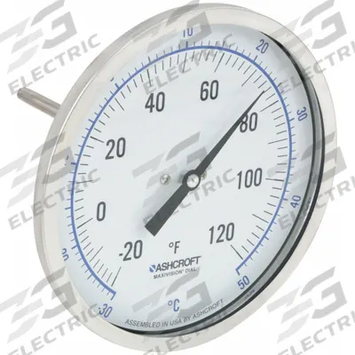 ASHCROFT Dial Thermometer: -20°F to 120°F /-30°C to 50°C, ±1% Accuracy, 4 in Stem Lg - Back-Mount Fixed-Angle Thread-Mount Dial Thermometers