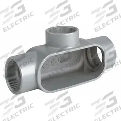 Conduit Outlet Body: Aluminum, 3/4 in Trade Size, T Body, 9.5 cu in Body Capacity, Threaded Hub (MPN T27SA). Key specifications — Finish: Powder Coated; Includes: Set Screw Hubs; For Use With: IMC; Brand: HUBBELL KILLARK; Hub Style: Threaded; Mfr. Series: Duraloy 7.