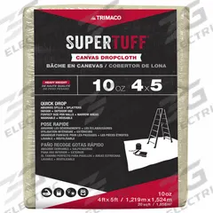 SUPERTUFF Drop Cloth: Extra Heavy Duty, Cotton Canvas, 32 mil Thick, 4 ft Wd, 5 ft Lg, White (MPN 51125). Key specifications — Color: White; Features: Ideal for Painting, Cleaning, Wallpapering and Removal; Material: Cotton Canvas; Brand: SUPERTUFF.
