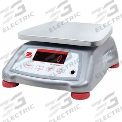 OHAUS Food Scale: 7 1/2 in Weighing Surface Dp, 9 1/2 in Weighing Surface Wd, 4 7/8 in Overall Ht (MPN V41XWE3T). Key specifications — Readability: 0.002 lb/1 g; Brand: OHAUS; IP Rating: IPX8.