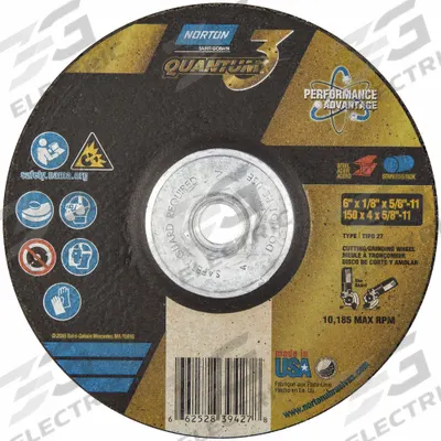NORTON Depressed Center Wheel: Type 27, 6" x 1/8" x 5/8"-11, Ceramic, 24 Grit - Cool-Cutting Combination Wheels for Carbon & Stainless Steel