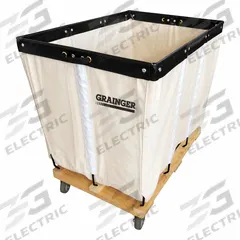 GRAINGER Basket Truck: 15 cu ft, 600 lb, 35 in L x 25 in W x 33 1/2 in H, White, Wood, Assembled (MPN 33W333). Key specifications — Brand: GRAINGER; Liner Color: White; Caster/Wheel Configuration: (4) Swivel; Assembled/Unassembled: Assembled.