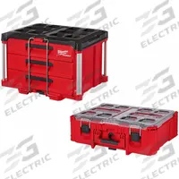 MILWAUKEE PACKOUT Cart and Tool Box: Polymer, Black/Red, 22 1/4 in W x 14 1/4 in H x 14 1/4 in D (MPN 48-22-8443, 48-22-8432). Key specifications — attr1117293: MILWAUKEE; attr1117310: Padlock; attr1117382: Polymer; attr1117383: Black; attr1117271: (1) Deep Organizer.