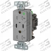USB Receptacle: Duplex, 5-20R, 2 USB Ports, USB Type A/C, Gray, 125V AC, 20 A (MPN USB8300CPDGY). Key specifications — Brand: HUBBELL.