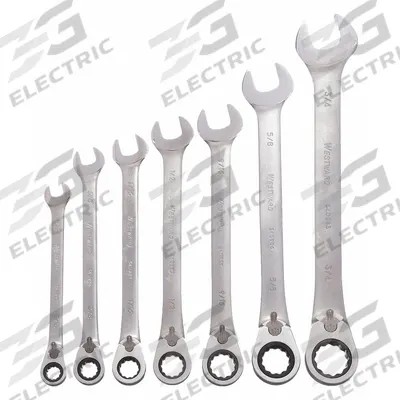 WESTWARD Combination Wrench Set: Alloy Steel, Satin, 7 Tools - SAE 12-Point Ratcheting Combination Wrench Sets
