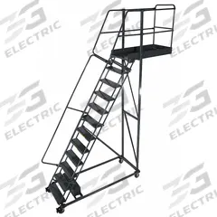 BALLYMORE Rolling Cantilever Ladder: 10.8 ft Platform Ht, Unassembled, Locking Casters, Steel (MPN CL-13-35-P). Key specifications — attr1051489: Gray; attr1051483: BALLYMORE; attr1051499: Double Handrails; attr1051504: Steel.