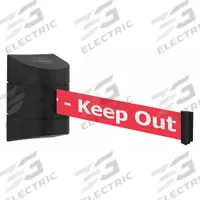 TENSABARRIER Wall Mounted Retractable Belt Barrier: Fixed Mounting Plate, 24 ft Belt Lg, Red (MPN 897-24-S-33-NO-RHX-C). Key specifications — Message Color: White; Frame Color: Black; Brand: TENSABARRIER; Belt Color: Red.