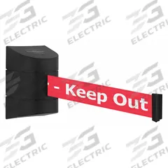 TENSABARRIER Wall Mounted Retractable Belt Barrier: Fixed Mounting Plate, 24 ft Belt Lg, Red (MPN 897-24-S-33-NO-RHX-C). Key specifications — Message Color: White; Frame Color: Black; Brand: TENSABARRIER; Belt Color: Red.