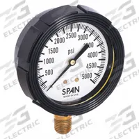 SPAN Pressure Gauge with Internal Seal: 0 psi to 5,000 psi, LFS-210, 2 1/2 in Dial, Buna-N, Brass, 4 (MPN LFS-210-5000-G-KEMX). Key specifications — Brand: SPAN; Gauge Case Liquid: Glycerin; Seal Fill Liquid: Instrument Oil; Seal Lower Housing Material: Brass; Accuracy: ±1.00%; Pressure Range: 0 psi to 5,000 psi; Gauge Wetted Parts: Brass / Copper.
