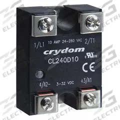 CRYDOM Solid State Relay: Surface Mounted, 5 A Max Output Current, Triac, AC Output (MPN CL240D05). Key specifications — Brand: CRYDOM; Current Type: AC; Electrical Connection: Screw Clamp; Finger Safe: No; Maximum Output Current without Heat Sink: 2.9 A; Mounting Style: Panel; Output Voltage: 24 to 280V AC; Switch Configuration: Form A.