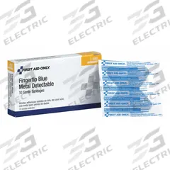 FIRST AID ONLY Adhesive Bandage: Fingertip Bandages, 1 3/8 in Wd, 2 in Lg, Metal Detectable, Fabric (MPN 1-696). Key specifications — Product Type: Fingertip Bandages; Unitized: Unitized; Water Resistance: Not Water Resistant; Brand: FIRST AID ONLY; Latex Content: Latex Free; Metal Detectable: Metal Detectable; Package Type: Box; Manufacturer Part Number: 1-696.