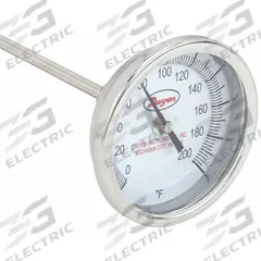 DWYER Long Reach Dial Thermometer: 0°F to 200°F, +/- 1% Accuracy, 3 in Dial Dia, 1/2 in Thread Size (MPN BTLRN318101). Key specifications — Accuracy: +/- 1%; Housing Material: Stainless Steel; Brand: DWYER.