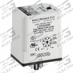 MACROMATIC Liquid Level Relay: Socket Mounted, Dual Probe, 10 A Current Rating, 120V AC, Pump Down (MPN LCP2G250-G). Key specifications — Contact Rating (AC): 10 A @ 240V AC; Contact Rating (DC): 7 A @ 28V DC; Electrical Connection: 8-Pin Terminal; Mounting Style: Socket; Number of Probes: Dual Probe; Relay Function: Pump Down; Brand: MACROMATIC.