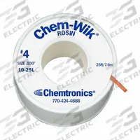 CHEMTRONICS Desoldering Wick: Rosin Flux, # 4, 0.1 in, 25 ft, Blue, Std (MPN 10-25L). Key specifications — Color: Blue; Brand: CHEMTRONICS; Manufacturer Part Number: 10-25L.