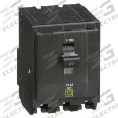 SQUARE D Miniature Circuit Breaker: 60 A, 120/240V AC, Three Phase, 10kA at 120/240V AC, 3 Poles (MPN QO360). Key specifications — Phase: Three; Amps: 60 A; AC Voltage Rating: 120/240V AC; Max. AIR Rating: 10kA at 120/240V AC; For Use With: QO Load Centers and NQ Panelboards; Brand: SQUARE D.