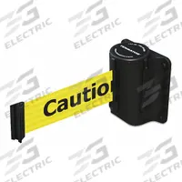TENSABARRIER Retractable Belt Barrier: Fixed Mounting Plate, 7 1/2 ft Belt Lg, Caution Messaging (MPN 891-33-STD-YA-C). Key specifications — Message Color: Black; Frame Color: Black; Brand: TENSABARRIER; Belt Color: Yellow.
