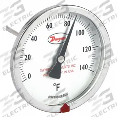 DWYER Clip On Dial Thermometer: 0°F to 140°F, +/- 2% Accuracy, 8 in Stem Lg, Fahrenheit (MPN CBT280111). Key specifications — Accuracy: +/- 2%; Brand: DWYER; Temperature Units: Fahrenheit.