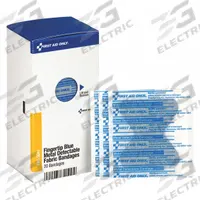 FIRST AID ONLY Adhesive Bandage: Fingertip Bandages, 1 7/8 in Wd, 2 7/8 in Lg, Metal Detectable (MPN FAE-3041). Key specifications — Product Type: Fingertip Bandages; Unitized: Unitized; Water Resistance: Not Water Resistant; Brand: FIRST AID ONLY; Latex Content: Latex Free; Metal Detectable: Metal Detectable; Package Type: Box; Manufacturer Part Number: FAE-3041.