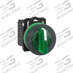 SCHNEIDER Selector Switch: 30 mm Panel Mounting Size, 3 Positions, Short Lever, 1NO/1NC (MPN XB5FK133B5). Key specifications — AC Contact Rating: 1.2 A @ 600 V; Action: Maintained/Maintained/Maintained; Cam: No Cam Included; DC Contact Rating: 0.55 A @ 125 V; Hazardous Location Specification: Not Rated; Operator Head Material: Plastic; Operator Head Type: Short-Handled Knob; Operator Illumination: Illuminated.