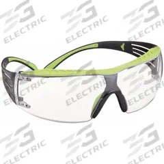 SECUREFIT Safety Glasses: Clear Lens, Frameless, Anti-Fog, Black/Green Frame (MPN SF401XAF-GRN). Key specifications — Brand: SECUREFIT; Frame Color: Black/Green; Lens Color: Clear.