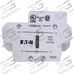 EATON Auxiliary Contact: 2NO, 10 A Max Current (AC), Side Mount, Side-Mounted (MPN C320KG4). Key specifications — Brand: EATON; Compatible with Series: C25 Definite Purpose Contactors.