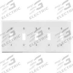 HUBBELL Wall Plate: Toggle, 5 Gang, White, Std Size (MPN P5W). Key specifications — Brand: HUBBELL; Material: Polycarbonate.