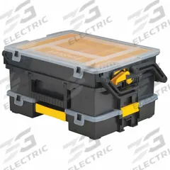 STANLEY Compartment Box: 15 3/4 in x 11 7/8 in x 5 3/8 in, Black, 12 Compartments, 4 Adj Dividers (MPN STST14028). Key specifications — ESD Conductive: Not Electrostatic Discharge Conductive; Color: Black; Compartment WxD: 15-3/5 in x 5-1/3 in x 11-7/10 in; Brand: STANLEY; Material: Plastic.