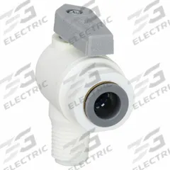 PARKER Manual Two-Way Ball Valve: 3/8 in, Polypropylene, Angle, Push x MNPT, Full Port Ball Port (MPN LFPP6VME4). Key specifications — Brand: PARKER; Handle: Lever.