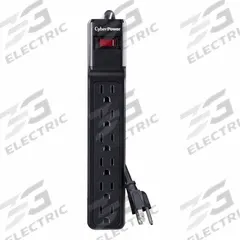 CYBER POWER Outlet Strip: 6 Outlets, 6 ft Cord Lg, 900 J Rated Energy, 15 A Current, UL 1449, Black (MPN CSB606). Key specifications — Brand: CYBER POWER; Mounting Style: Keyhole.
