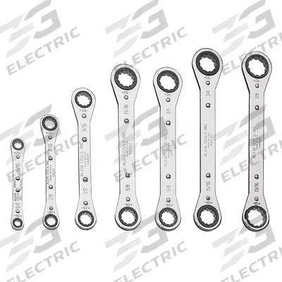 KLEIN TOOLS Box End Wrench Set: Alloy Steel, Chrome, 7 Tools - SAE, Double End, 12-Point, Ratcheting Box End Wrench Sets