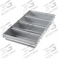 CHICAGO METALLIC Bread Pan: Aluminized Steel, 4 Slots, 13 in Overall Wd, 2 3/4 in Overall Dp, Silver (MPN 44945). Key specifications — Pan Style: Open Top Bread Pan; Brand: CHICAGO METALLIC; Color: Silver; Material: Aluminized Steel; NSF Certified: No; Number of Slots: 4.