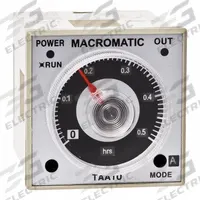 MACROMATIC Time Delay Relay: Socket Mounted, 100 to 240V DC/24 to 240V AC, 5 A, 8 Pins/Terminals (MPN TAA1U-G). Key specifications — Adjustment Method: Dial; Delay Function: Interval ON; Mounting Style: Plug-In; Input Voltage: 100 to 240V DC; Brand: MACROMATIC.