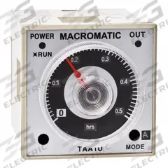 MACROMATIC Time Delay Relay: Socket Mounted, 100 to 240V DC/24 to 240V AC, 5 A, 8 Pins/Terminals (MPN TAA1U-G). Key specifications — Adjustment Method: Dial; Delay Function: Interval ON; Mounting Style: Plug-In; Input Voltage: 100 to 240V DC; Brand: MACROMATIC.
