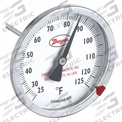 DWYER Clip On Dial Thermometer: 25°F to 125°F, +/- 2% Accuracy, 8 in Stem Lg, Fahrenheit (MPN CBT38031). Key specifications — Accuracy: +/- 2%; Brand: DWYER; Temperature Units: Fahrenheit.
