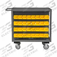 DURHAM MFG Bin Cart: 1,200 lb, 64 Bins/Tubs, 2 Shelves, Gray, 5 in L x 4 in W x 3 in H, Yellow (MPN RSC-2436-BLP-64-210-95). Key specifications — Color: Gray; Caster/Wheel Configuration: (2) Rigid; Bin Color: Yellow; Brand: DURHAM MFG.