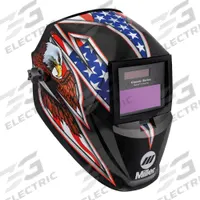 MILLER Welding Helmet: Auto-Darkening, 2 Arc Sensors, Graphics, Liberty, W8/W9/W10/W11/W12/W13 (MPN 287820). Key specifications — Color: Graphics; Suspension Adjustment Type: Ratchet; Series: Classic; Graphics: Liberty; Viewing Area: 6 sq in; Brand: MILLER; Grind Mode: Yes; Helmet Material: Nylon.
