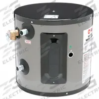 RHEEM Electric Water Heater: 208V, 6 gal, 2,000 W, Single Phase, 15.12 in Ht, 20 gph @ 40°F (MPN EGSP6). Key specifications — Phase: Single; Brand: RHEEM.