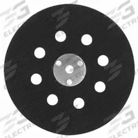 BOSCH Backing Pad: 5 in Wd, Round, Hook and Loop, Hard, 8 Vacuum Holes, Rubber (MPN RS032). Key specifications — attr667743: Disc Backup Pad; attr667724: Round; attr667738: 8; attr667733: Rubber; attr667729: 1295DH; attr667721: RS032; attr667725: BOSCH.