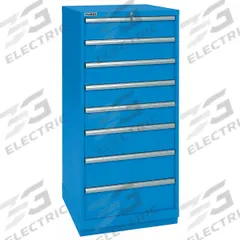 LISTA Modular Drawer Cabinet: 28 1/4 in x 28 1/2 in x 57 1/8 in, 8 Drawers, 81 Compartments, Steel (MPN SC13-0801A-FTKABB). Key specifications — Drawer Inside Height: (5) 5.12 in; Drawer Access: Single; Base Type: Frame; Number of Compartments per Drawer: (5) 18; Brand: LISTA; Cabinet Color: Bright Blue.