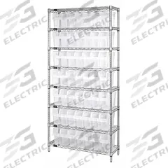 QUANTUM STORAGE SYSTEMS Bin Shelving: 18 in x 36 in x 74 in, 1 Sided, 56 Bins, Open, Shelf Bin (MPN WR8-803CL). Key specifications — Includes Bins: Yes; Bin Material: Polypropylene; Frame Color: Silver; Bin HxWxD: (56) 8 in x 4-3/8 in x 17-7/8 in; Frame Material: Steel; Bin Color: Clear; Bin Style: Shelf; Brand: QUANTUM STORAGE SYSTEMS.