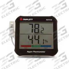 TRIPLETT Hygro Thermometer: 0%to 99% Humidity Range, Humidity/Temp, Cabled Sensor (MPN RHT415-NIST). Key specifications — Primary Scale: Humidity/Temperature; Secondary Scale: Comfort Level; Display Type: Digital; Brand: TRIPLETT.