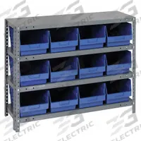 QUANTUM STORAGE SYSTEMS Bin Shelving: 36 in x 18 in x 39 in, 1 Sided, 12 Bins, Open, Shelf Bin, Blue (MPN 1839-SB808BL). Key specifications — Includes Bins: Yes; Bin Material: Polypropylene; Frame Color: Gray; Bin HxWxD: (12) 8 in x 8-3/8 in x 17-7⁄8 in; Frame Material: Steel; Bin Color: Blue; Bin Style: Shelf; Brand: QUANTUM STORAGE SYSTEMS.