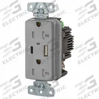 USB Receptacle: Duplex, 5-20R, 2 USB Ports, USB Type A/C, Gray, 125V AC, 20 A (MPN USB20ACPDGY). Key specifications — Brand: HUBBELL.