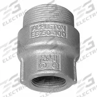Sealing Hubs - Vertical: Iron, 3/4 in_1 in Trade Size, Male to Female, 2 1/4 in Overall Lg (MPN ES10075). Key specifications — Brand: APPLETON ELECTRIC; Connection Type: Threaded; Thread Size: 3/4 in; Thread Gender: Male to Female; Ends - Hazardous Fittings: 3/4 in FNPT x 1 in MNPT; Material: Iron; Hazardous Location Rating: Class II, Division 1 and 2, Groups E, F, G; Thread Type: NPT.