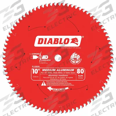 DIABLO Circular Saw Blade: 10 in Blade Dia., 80 Teeth, 0.09 in Cut Wd, 5/8 in Arbor Size - Aluminum & Soft Metal-Cutting Blades