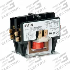 EATON Definite Purpose Magnetic Contactor: 2 Poles, 24V AC, 20 A, Non-Reversing (MPN C25BNB220T). Key specifications — Brand: EATON; Coil Voltage: 24V AC; Contactor Style: HVACR Definite Purpose Contactor; Frame Size: B; Terminal Connection Type: Quick-Disconnect Terminals; Maximum Voltage Rating: 690V AC; Series: C25 Series; Phase: Single.
