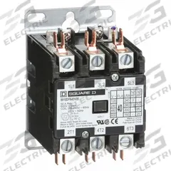 SQUARE D Definite Purpose Magnetic Contactor: 3 Poles, 208-240V AC, 40 A, Non-Reversing (MPN 8910DPA43V09). Key specifications — Brand: SQUARE D; Coil Voltage: 220/208-240V AC; Contactor Style: HVACR Definite Purpose Contactor; Terminal Connection Type: Box Lugs; Maximum Voltage Rating: 600V AC; Series: 8910 Series Type DPA; Phase: Three; Main Pole Contact Form: 3NO.