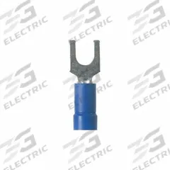 PANDUIT Fork Terminals: Blue, Vinyl, #8 Stud Size, 16 AWG – 14 AWG Wire Range, Std Fork, 600 V (MPN PV14-8F-M). Key specifications — Barrel Style: Funnel Entry; Manufacturer Part Number: PV14-8F-M; Brand: PANDUIT; Series: EV14.
