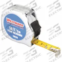 WESTWARD Tape Measure: Nonmagnetic Single Hook Tip, 16 ft / 5 m, Chromed Plastic, Silver (MPN 1MKR8). Key specifications — attr935324: WESTWARD; attr942259: Silver; attr935328: 1mm Bottom; attr935329: Millimeters; attr935337: Metric/SAE; attr936607: Manual Lock; attr985315: 5 m or less; attr972446: Inch/Metric.