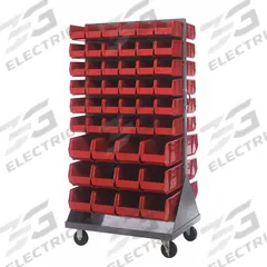 QUANTUM STORAGE SYSTEMS Mobile Louvered Floor Rack: 36 in x 24 in x 72 in, 96 Bins Included, Red (MPN QMD-36H-230240RD). Key specifications — Bin Width: (72) 5-1/2 in; Color: Gray; Caster Wheel/Configuration: (2) Swivel; Caster Wheel/Tread Material: Hard Rubber; Bin Color: Red; Bin Depth: (72) 10-7/8 in; Bin Height: (72) 5 in; Brand: QUANTUM STORAGE SYSTEMS.